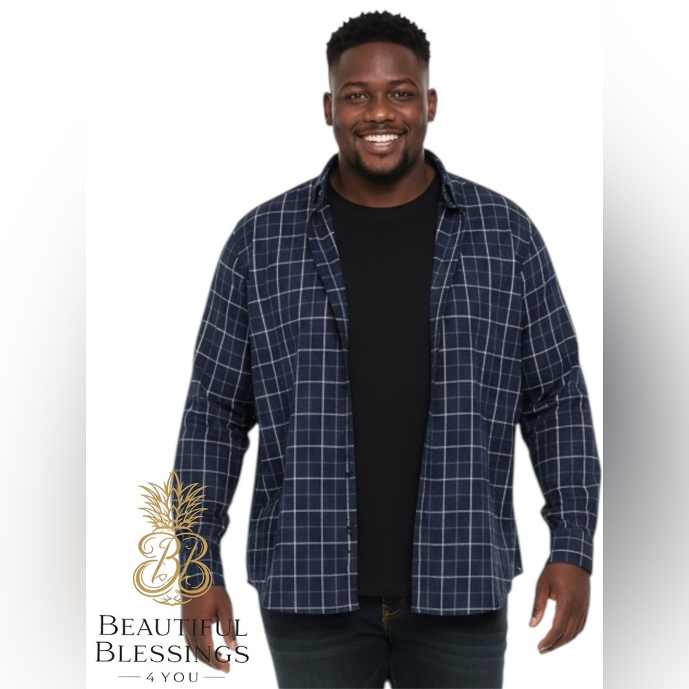 George Men's Navy Checkered Button Down Shirt with pocket  - 3XL